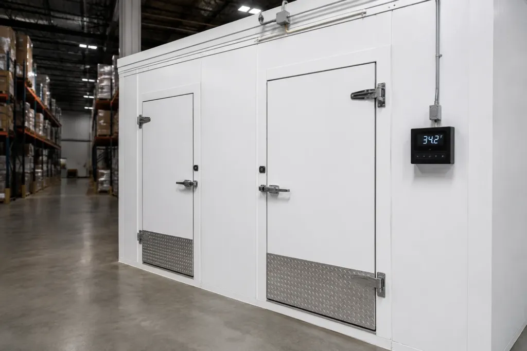 White walk-in cooler with digital controller - AI illustration